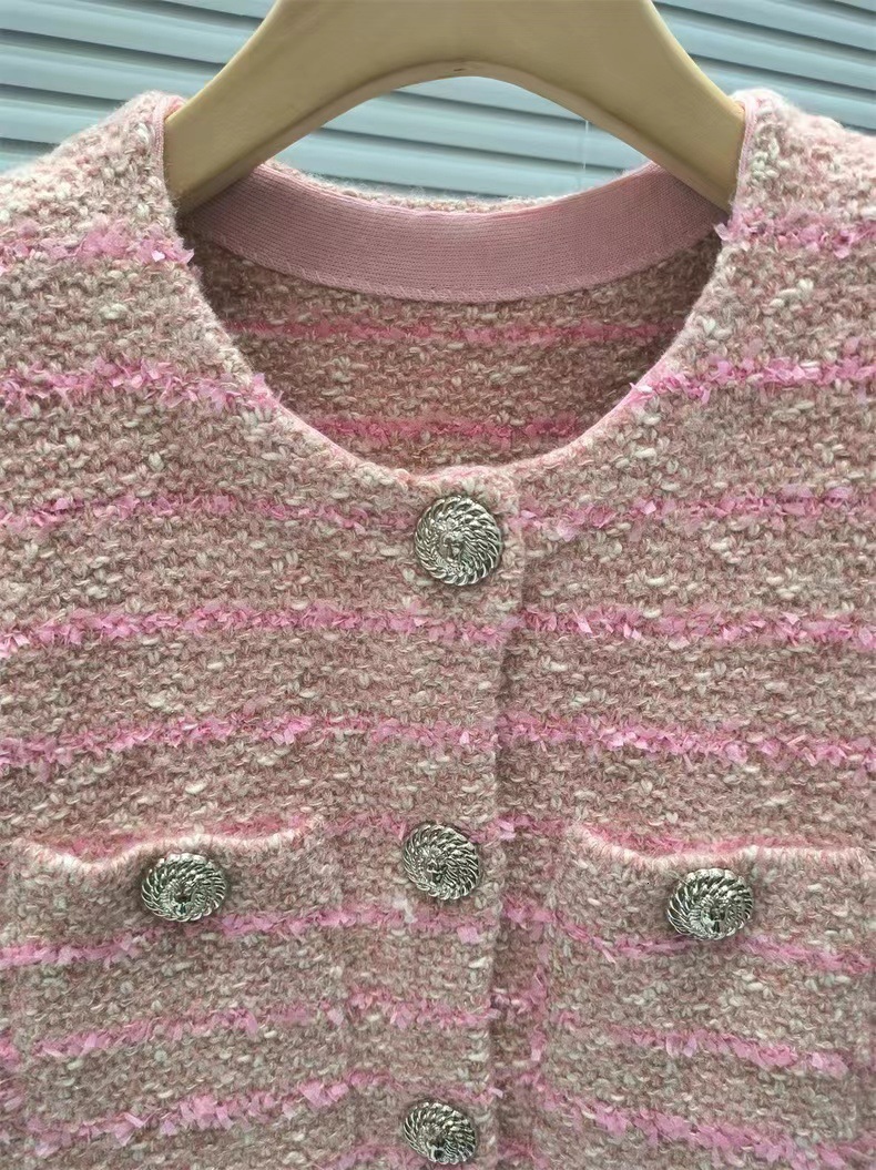 Women's Vintage Tweed Coat Long Sleeves Round Neck Knitted Metal Buttons Elegant Top