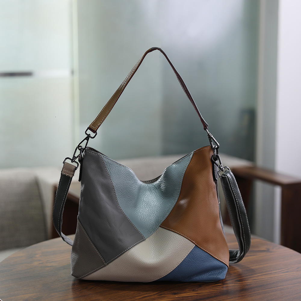 Handmade top layer cowhide contrasting shoulder crossbody with genuine leather splicing color large capacity women's bag