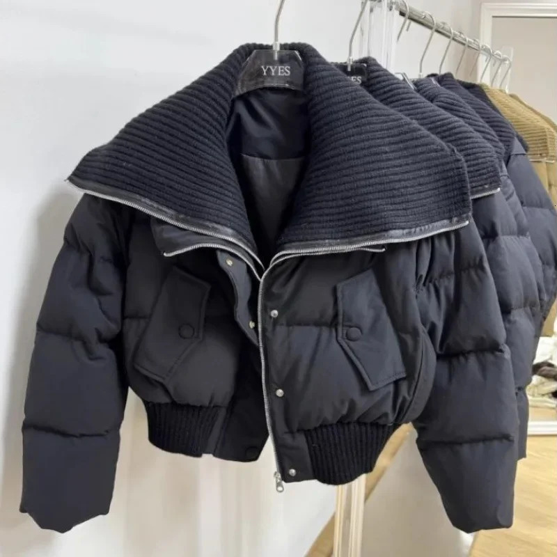 Korean Fashion Knit Collar Autumn Winter Coat Women Thickened Puffer Jacket Loose Parka Warm Cottonpadded Short Coats 241120