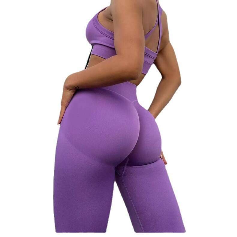 European American new seamless knitted suit for women's sports fiess, high waist and hip lifting yoga pants set