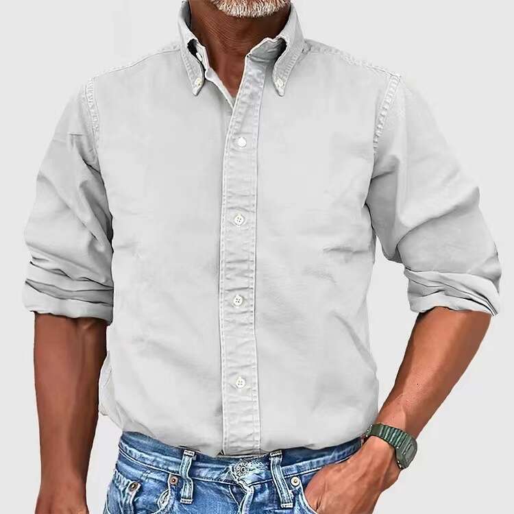 New European American casual imitation denim men's commuting collar button long sleeved solid color shirt 2024 new style chic and elegant clothin
