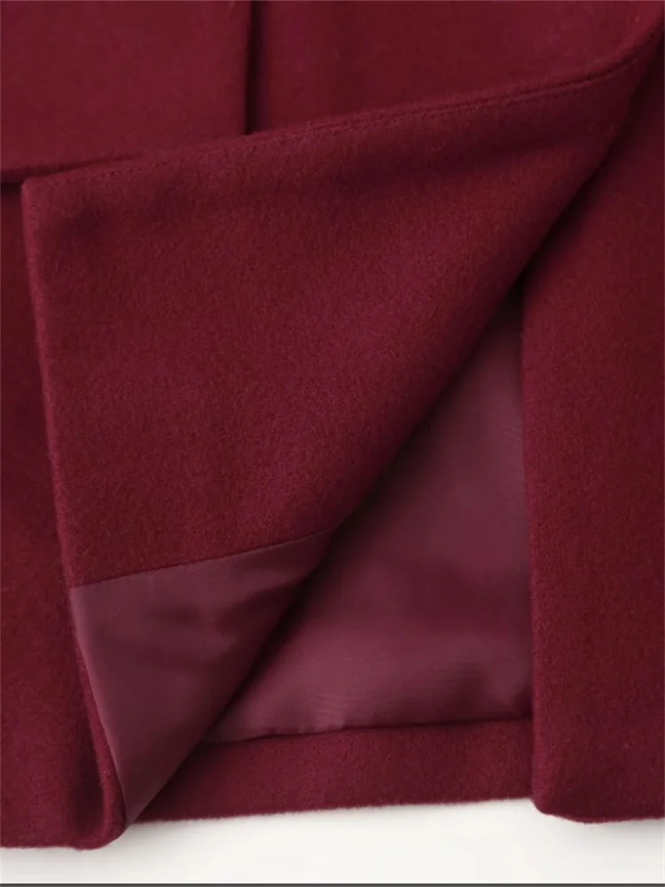 Burgundy Red Woolen Suit Jacket With Scarf Collar Women Chic Oversized Flip Pockets Solid Coats High Street Lady Streetwear 241121