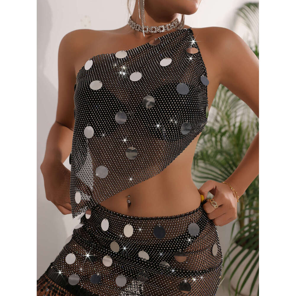 INS2024 women's sexy new hollow see through mesh rhinestone set skirt L23540