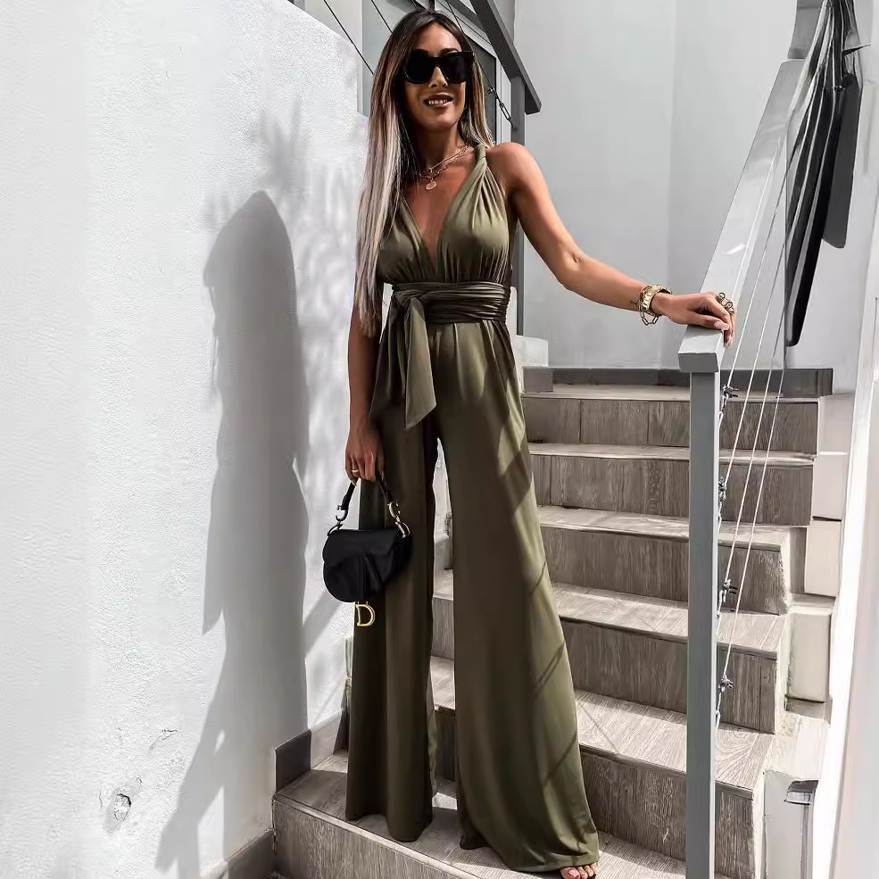 Sleeveless Solid Color Lace Up Jumpsuit