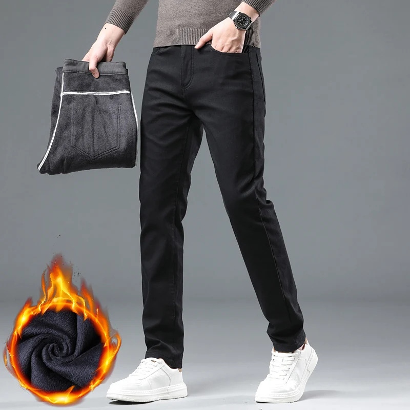 2024 Winter Fleece Casual Pants Mens Straight Slim Thick Warm Male Business Fashion Elastic Comfort Velvet Trousers 241120
