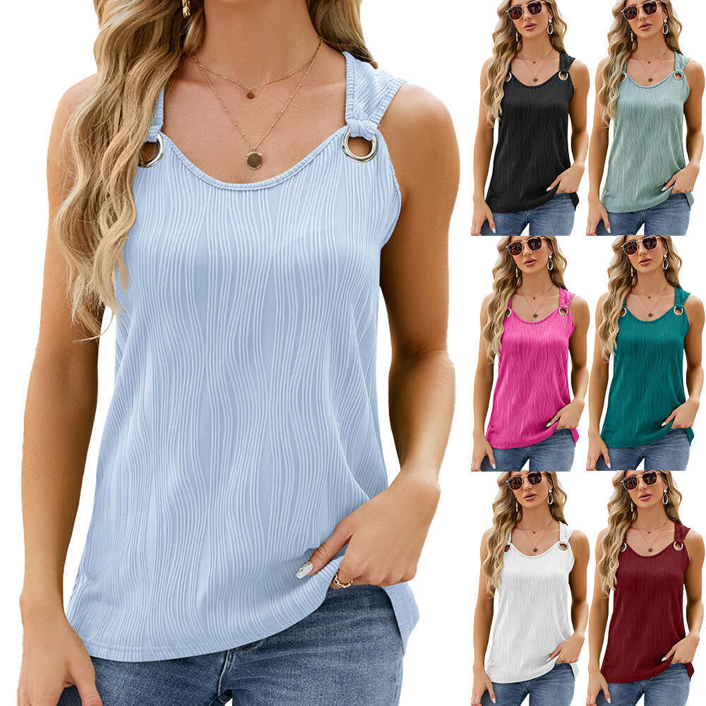 2024 Summer New Solid Round Neck Sleeveless Tank with Metal Ring Loose Top
