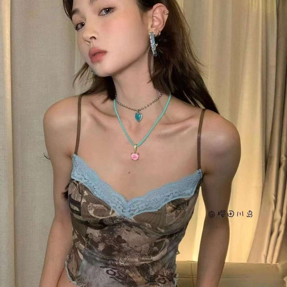 Qi Duo 2024 New Spicy Girl Sexy Beauty Slim Fit Open Back Suspended Printed Millennium Micro Transparent Tank Top