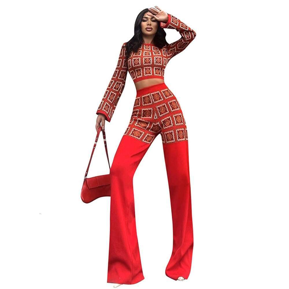 Women's autumn and winter ethnic style printed checkered long sleeved short top, high waist straight leg pants set