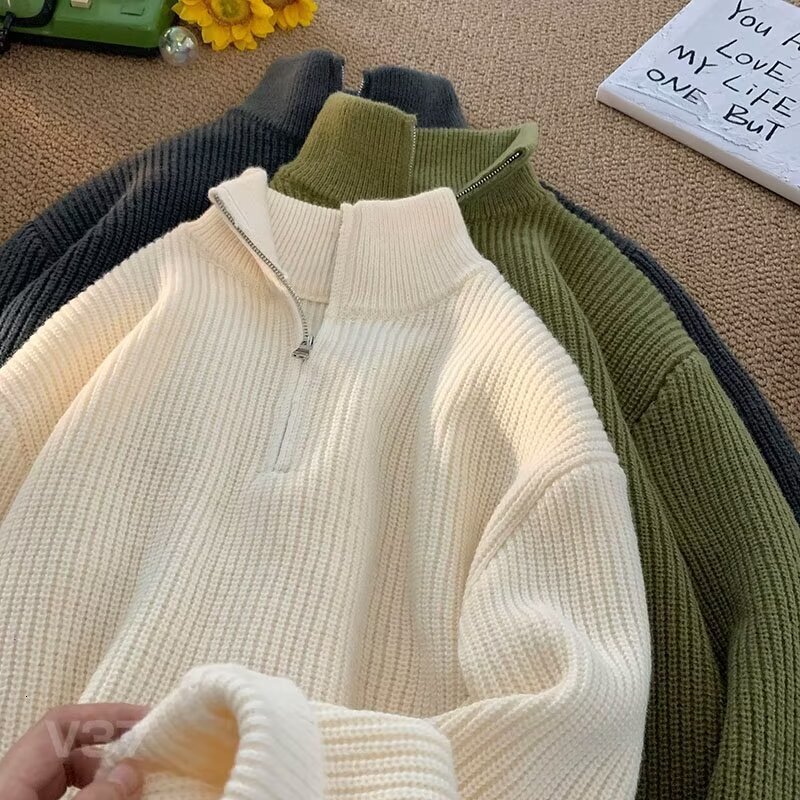 New Zipper High Neck Men's Winter Collection Solid Color Knitted Sweater Lazy Korean Versatile Casual Designer Jacket