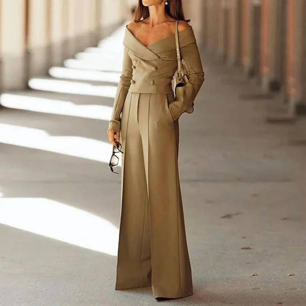 Women's Special Pants Temperament Commuting Solid Color Long Sleeved V-Neck Set