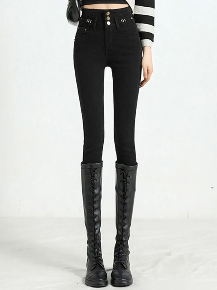 Fashion n Thick and Thin Pencil Jeans Womens Stretch High Waist Velvet Lined Denim Pants Winter Warm Ankle Length Vaqueros 241122