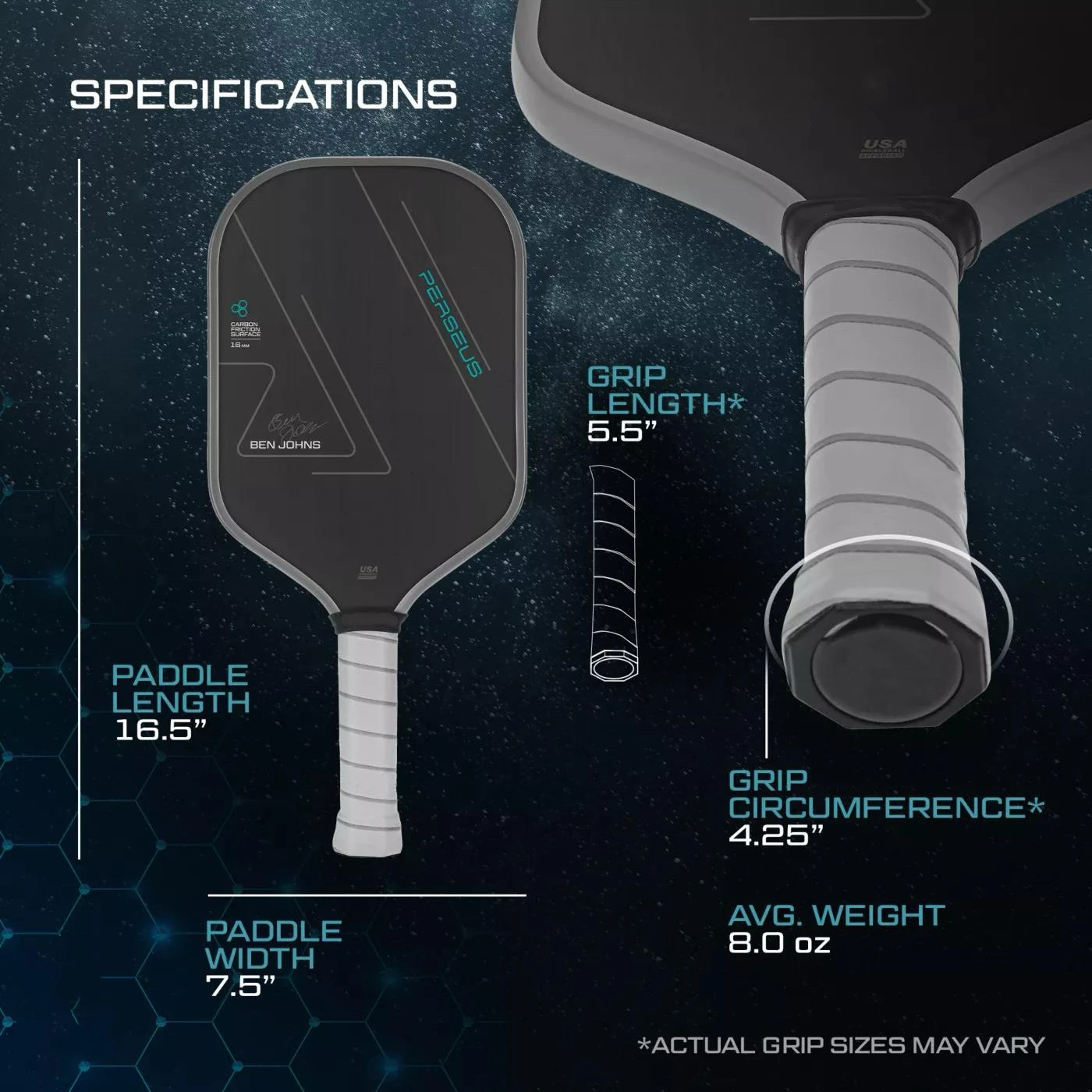 Pickleball Paddle BEN JOHNS T700 Fiber Thermoformed Uni-Body Construction Carbon Friction Surface 16Mm Polymer Cor