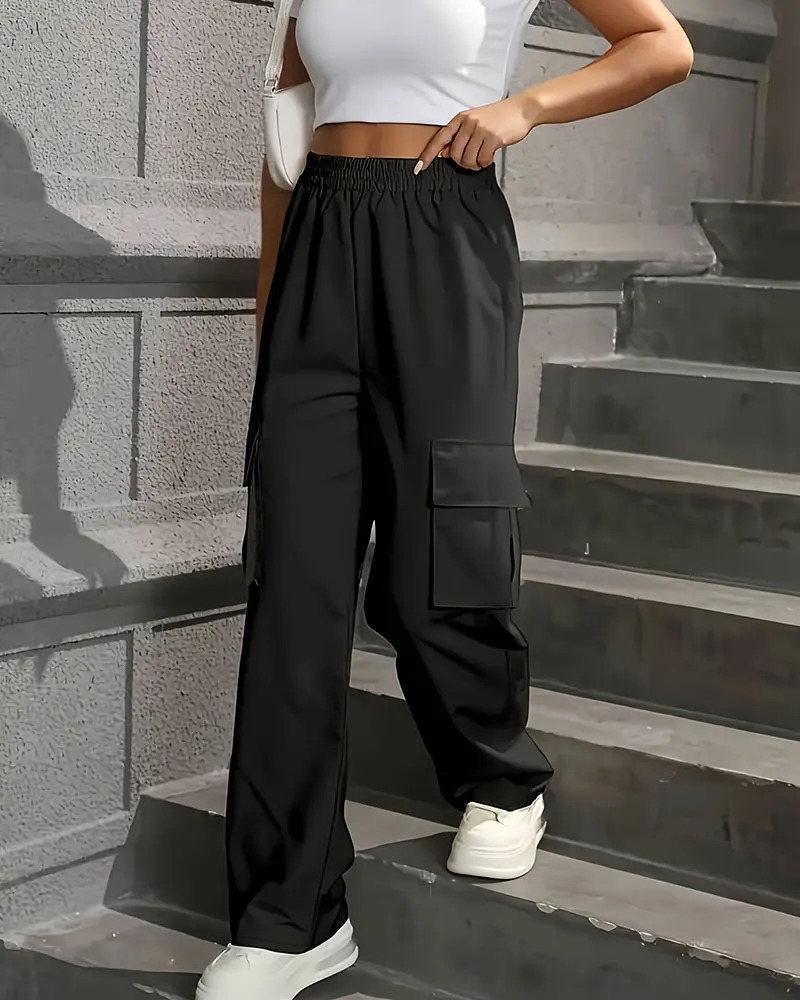 Elastic Waist Fashionable Workwear Pants High Wide Leg Loose Solid Color Casual Sports PantS Sportswear 241121Z