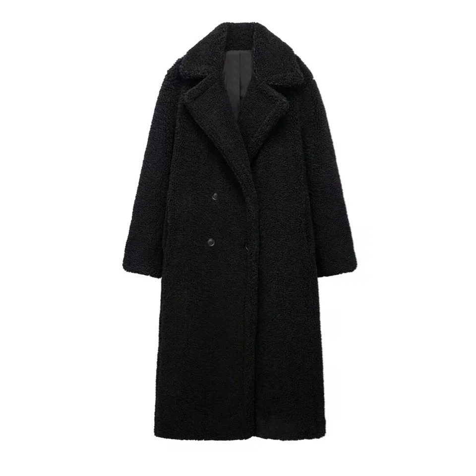 PB ZA2024 Winter Womens Clothing Style Simple and High end Sense Flip Collar Lamb Wool Fleece Thick Long Coat 241121