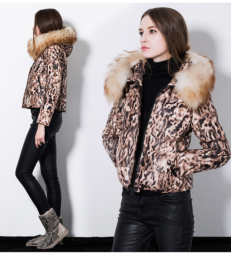 Designer leopard print for women, slim thick, warm and fur collar, hooded white duck down jacket