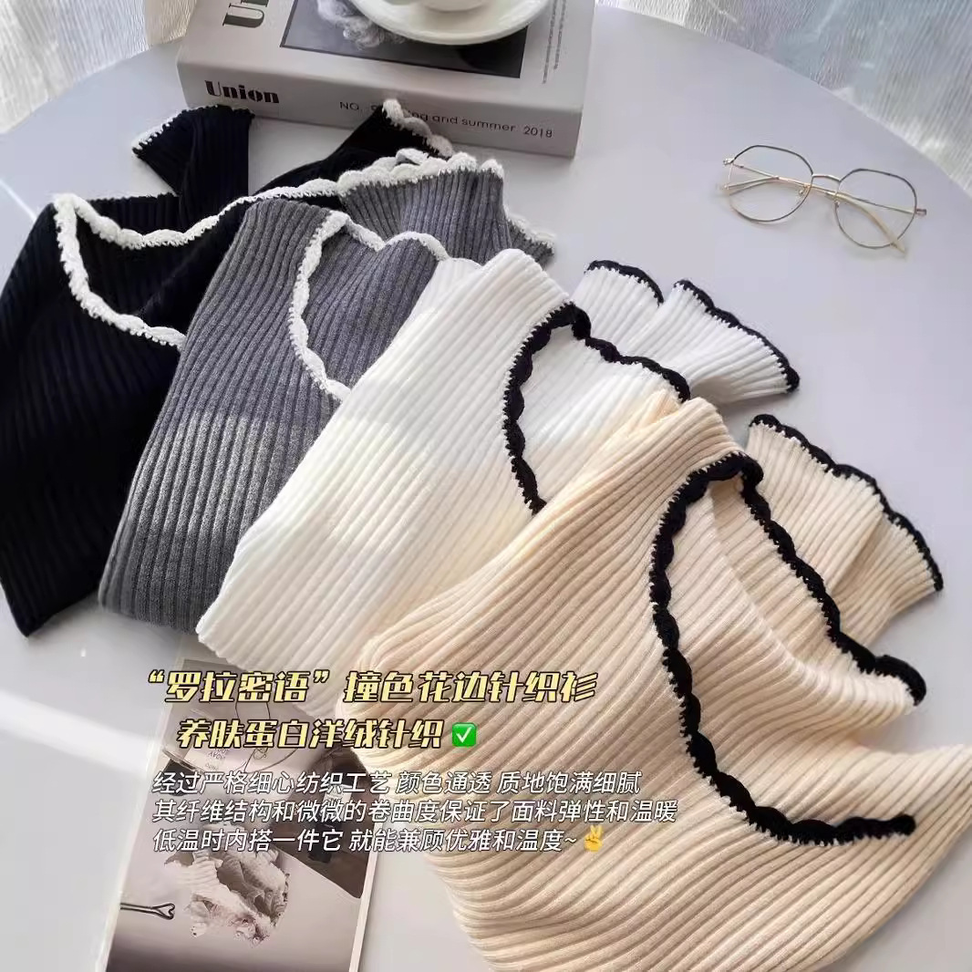 New round neck knitted sweater with high-end winter and early autumn feel, with inner long sleeves and designer's new base shirt