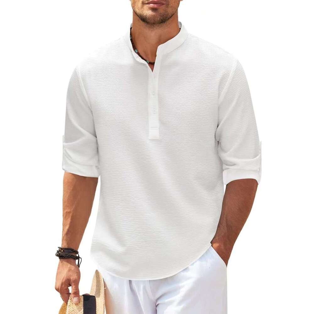 New European and American long sleeved stand up collar open top striped foam men's plus size shirt 2024 new casual fashion trend clothing