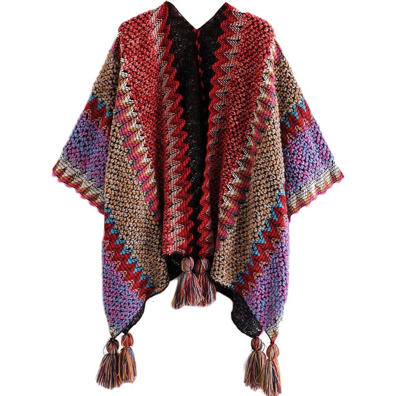 New ethnic style shawl pullover, tassel cardigan, colorful loose textured knitted sweater, designer cape jacket