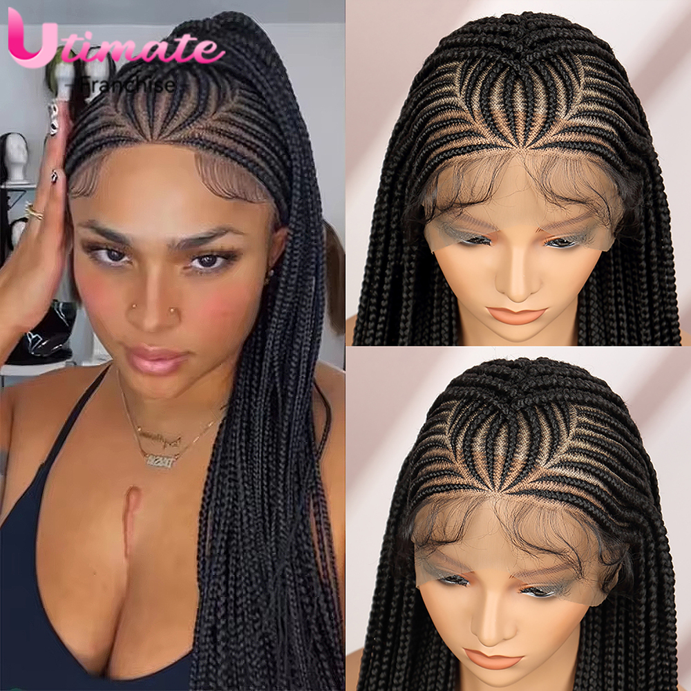 Cornrow Synthetic Full Lace Box For Black American Women Daily Use Braided Wigs