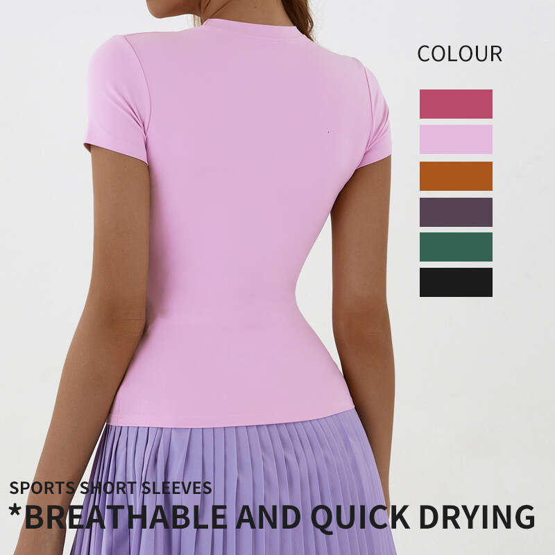 New European American yoga clothes, quick drying interior, outdoor sports and fiess front shoulder T-shirt, slim fit top for women's summer