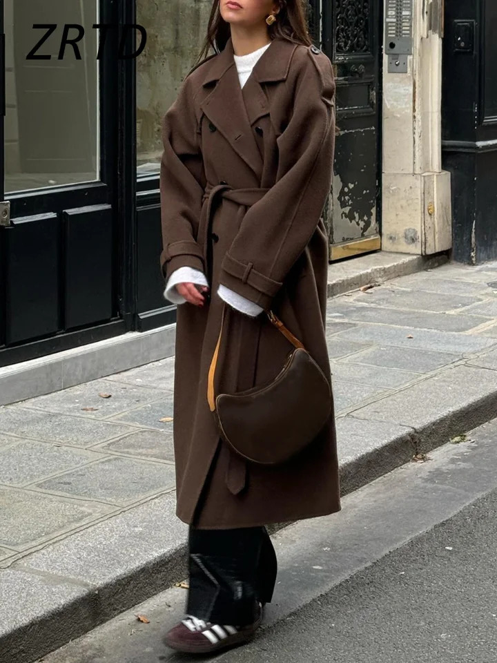 Street Womens Woolen Overcoat With Belt Loose Lapel Double Breasted Full Sleeve Long Coats 2024 Autumn Winter Lady Trench Coat 241121