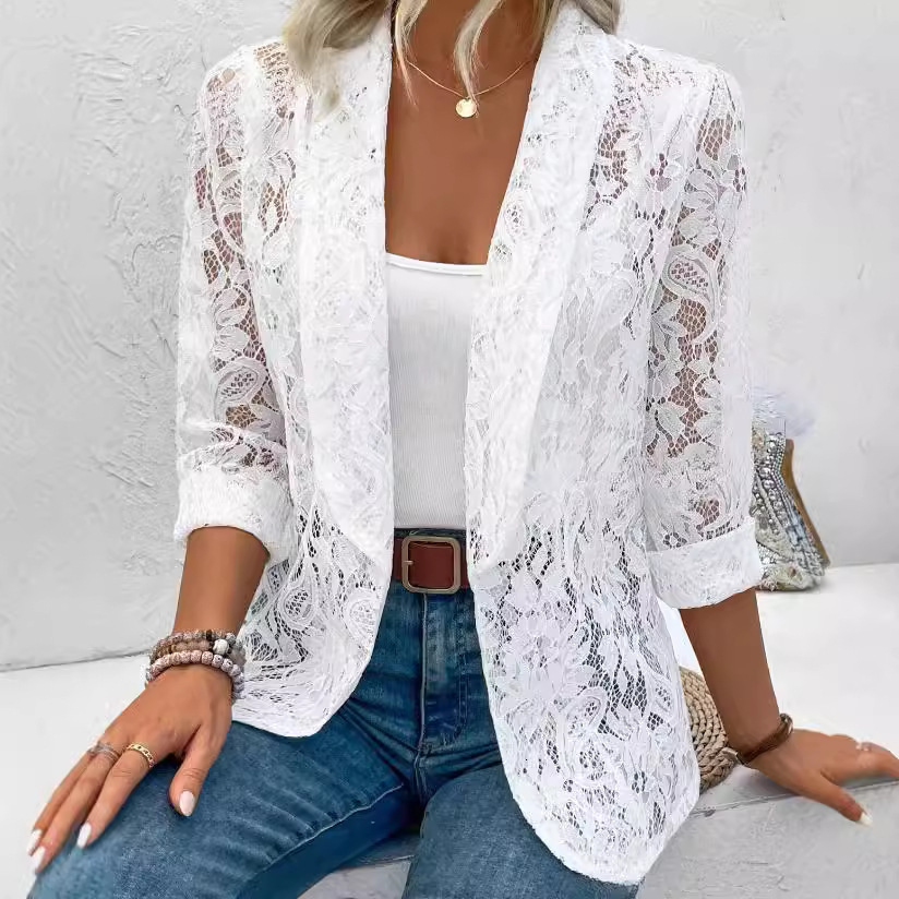 2024 Spring/Summer Small Suit Versatile Solid Color Lace Shirt Coat ladies fashion