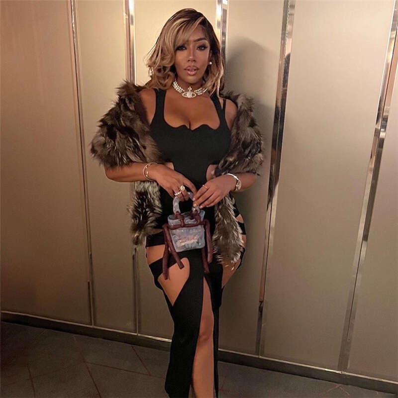 Feng 2023 Spring Women's New Fashion Hollow out Low Neck High Waist Wrap Hip Split Slim Fit Long Dress