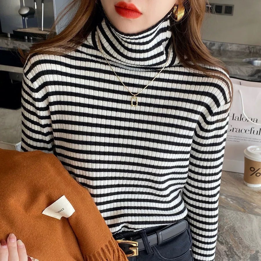New autumn and winter striped women's shirt stand up collar slim fit fleece knitted sweater high elasticity designer warm vest