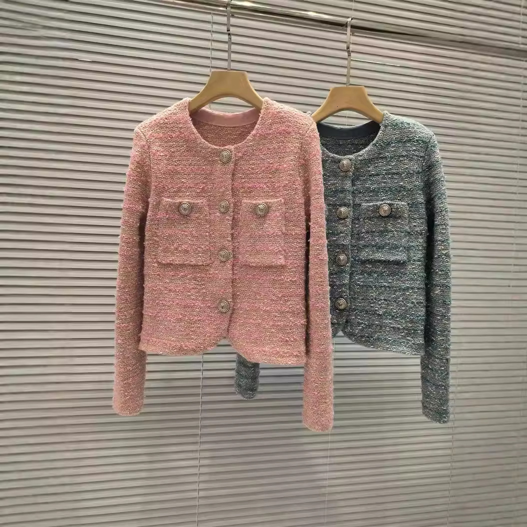 Women's Vintage Tweed Coat Long Sleeves Round Neck Knitted Metal Buttons Elegant Top