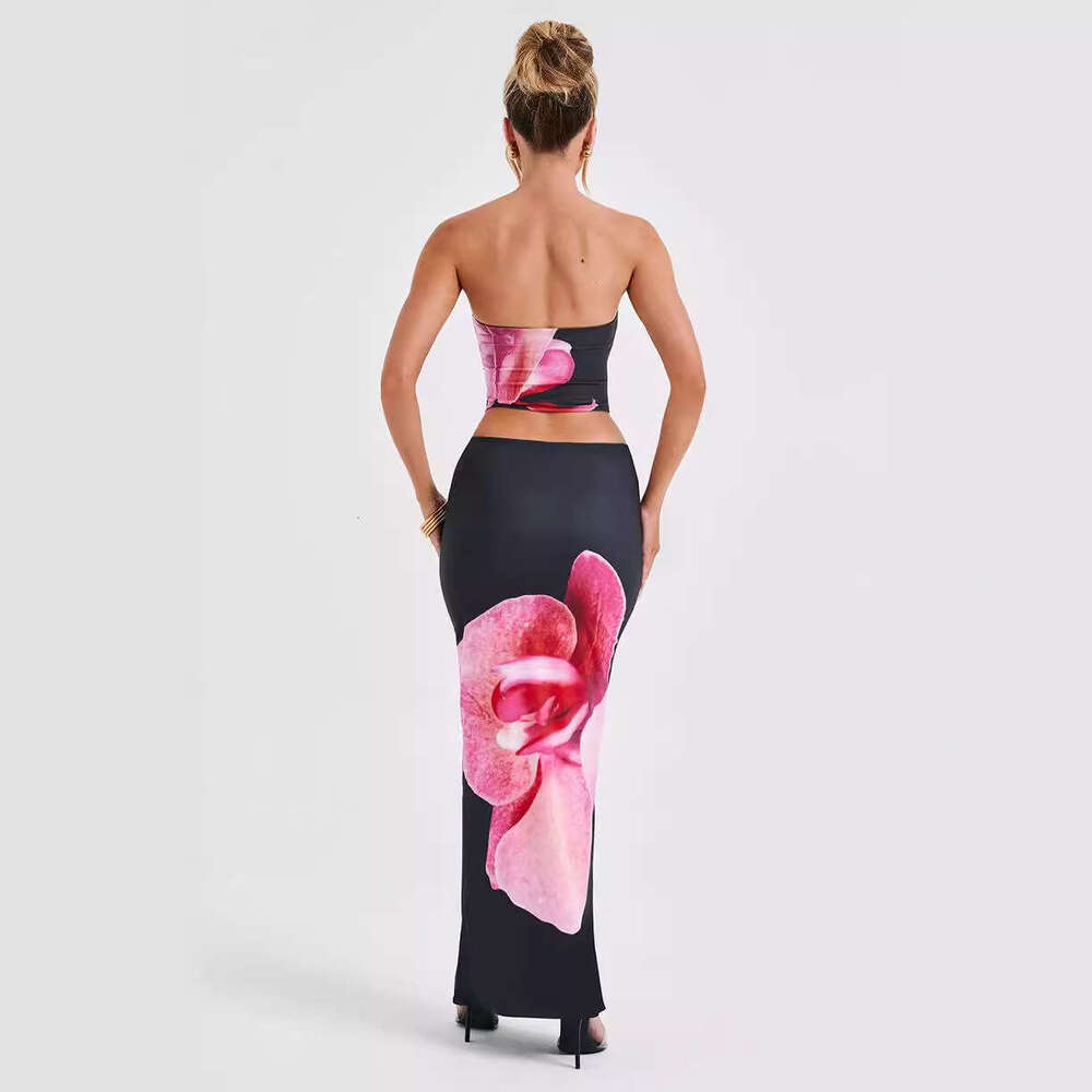 2024 spring/summer new style women's fashion strapless printed vest slim fit hip hugging skirt set