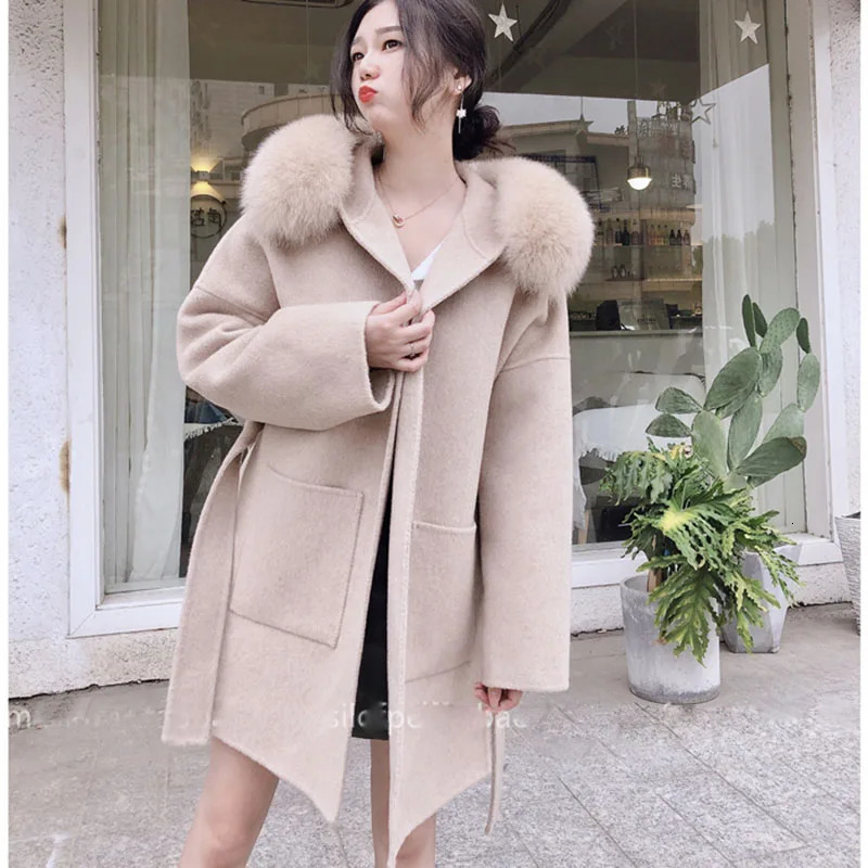 Korea Hooded Cashmere Long Coat With Hood Real Fur Trim Women Warm Large Jacket Female Outwear Spring Loose 241121