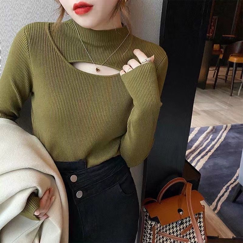 Autumn and winter new Heart Machine women's hollow Western style base slim design semi designer high neck knitted sweater