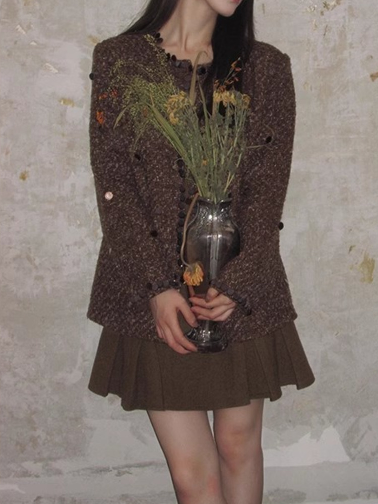 UCXQ Fashion Tweed Jacket Korean Style O Neck Sequin Splicing Cardigan All-Match Woven Woolen Coat Women 2024 Spring Autumn 1384