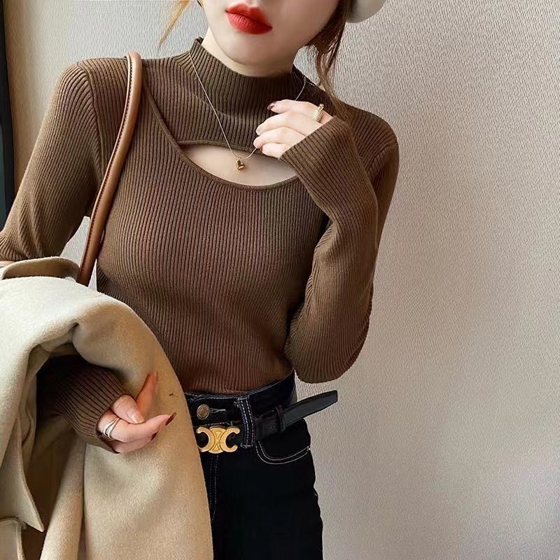 Autumn and winter new Heart Machine women's hollow Western style base slim design semi designer high neck knitted sweater