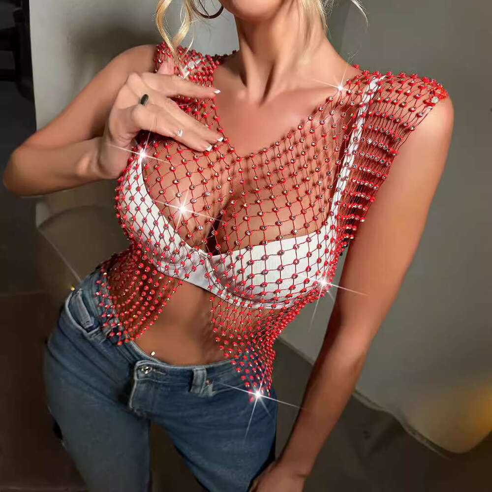 Water Fishing Net 2023 Summer New Style Mesh Flash Diamond Women's Sleeveless Tank Top L21157