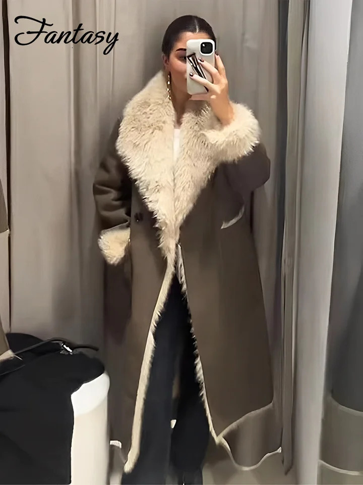 Vintage Fur Leather Long Jacket Casual Lapel Big Pockets Thicken Warm Coats Female 2024 Winter Chic Loose Outwears Lady 241121