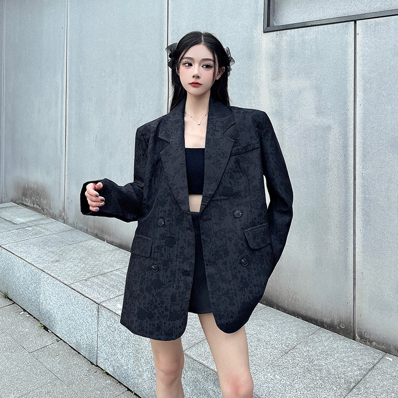 High-End Jacquard Black Blazer Women's Autumn Temperament Double-Breasted Suit Traf 2024 New Tweed Jaqueta Feminina