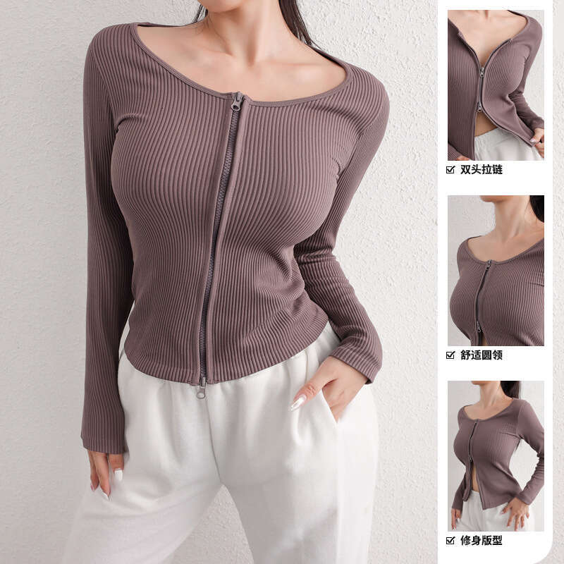 New Threaded Double Zipper Long Sleeve Coat for Women's Fiess Gym Speed Drying Running Training Sports Top Solid Color Yoga Clothes