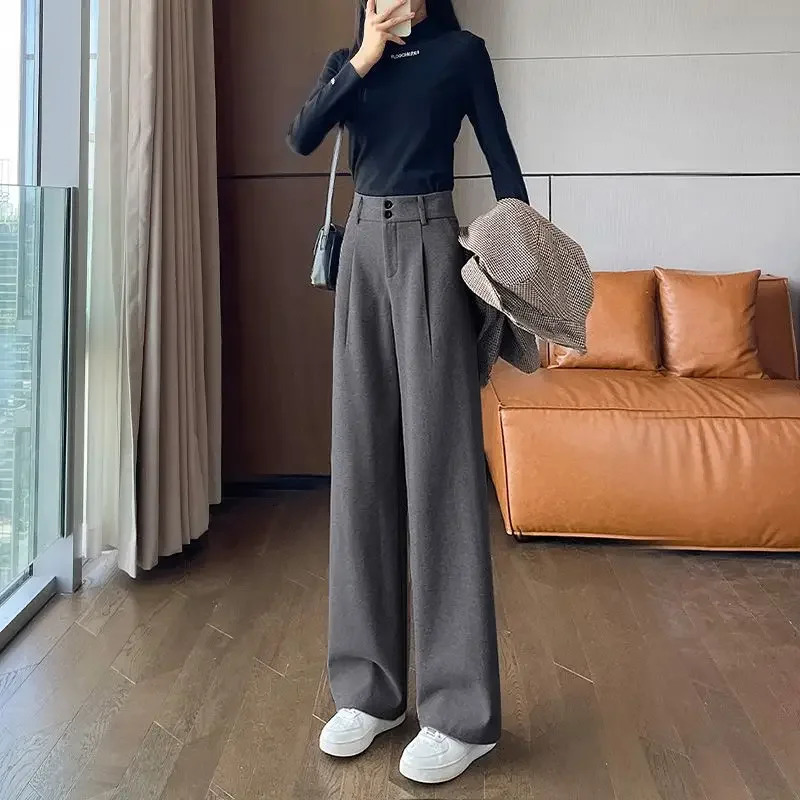 Maid Office Autumn Winter Work Custom Womens Dress Pants Coarse tweed Wide Legs Waist Aesthetic Trend 2024 Harajuku 241202