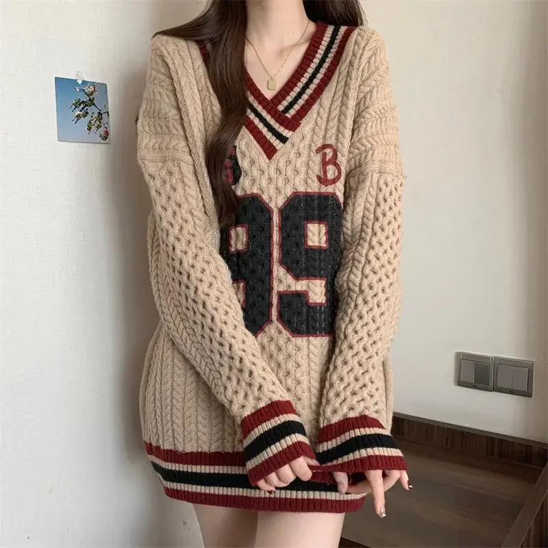 Womens Preparatory Letter Printed Sweater 2024 Autumn Loose Knitted Top Casual Weight Loss Aesthetics Attracting American Style Trends 241202