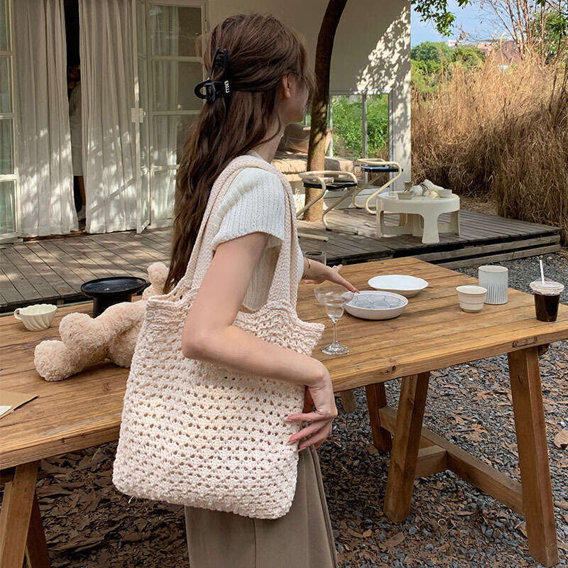 Vintage Hollowed Out Knitted Hand Woven Women's Woolen Tote Bag, Handbag, Shopping Bag B1