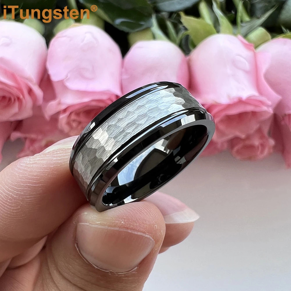 iTungsten 8mm Hammered Tungsten Carbide Ring Men Women Engagement Wedding Band Trendy Jewelry Beveled Edges Comfort Fit 241202