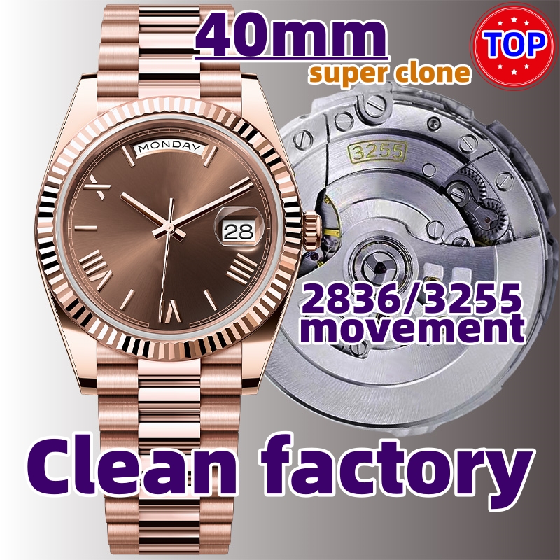 Day Date Mens Watch Designer Watches Clean factory 40MM Cal.2836/3255 movement Automatic Mechanical 70 hours power reserve Sapphire Waterproof Watch Fast delivery