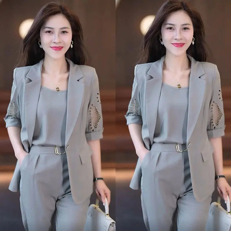 autumn vintage hollow short sleeved jacket with vest casual pants three piece elegant womens pants office set 241130
