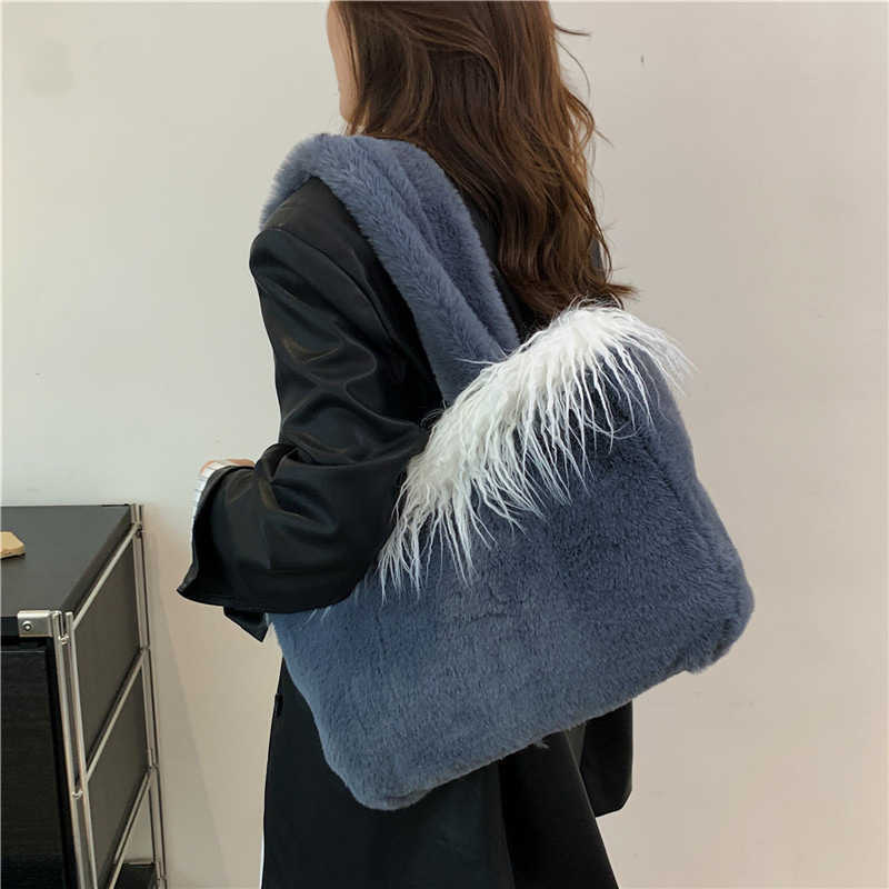 Shoulder bag, plush bag, large capacity tote bag, fashionable and simple Japanese and Korean new trendy style, armpit bag, hand-held 241202