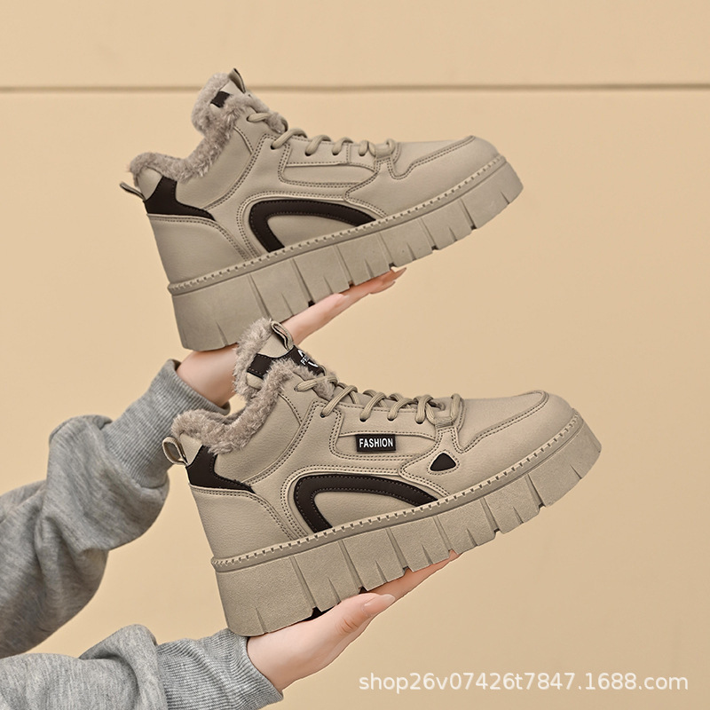 2024 winter velvet high top white shoes new Korean version ins female student sports board shoes casual versatile cotton shoes