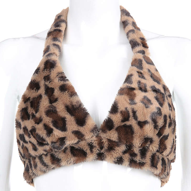 European and American fashion leopard print plush vest ins super hot short backless sexy top winter hanging neck suspender trend 2024 new style chic e