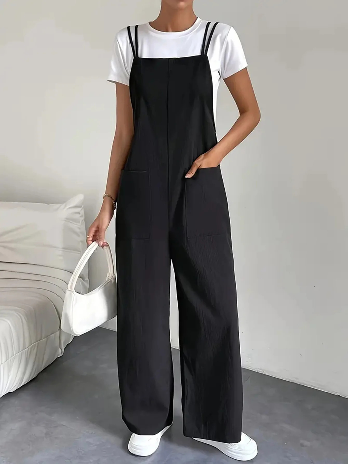 Fashion casual womens pure black jumpsuit pants with pockets shoulder straps thin straight leg workwear wide 241120
