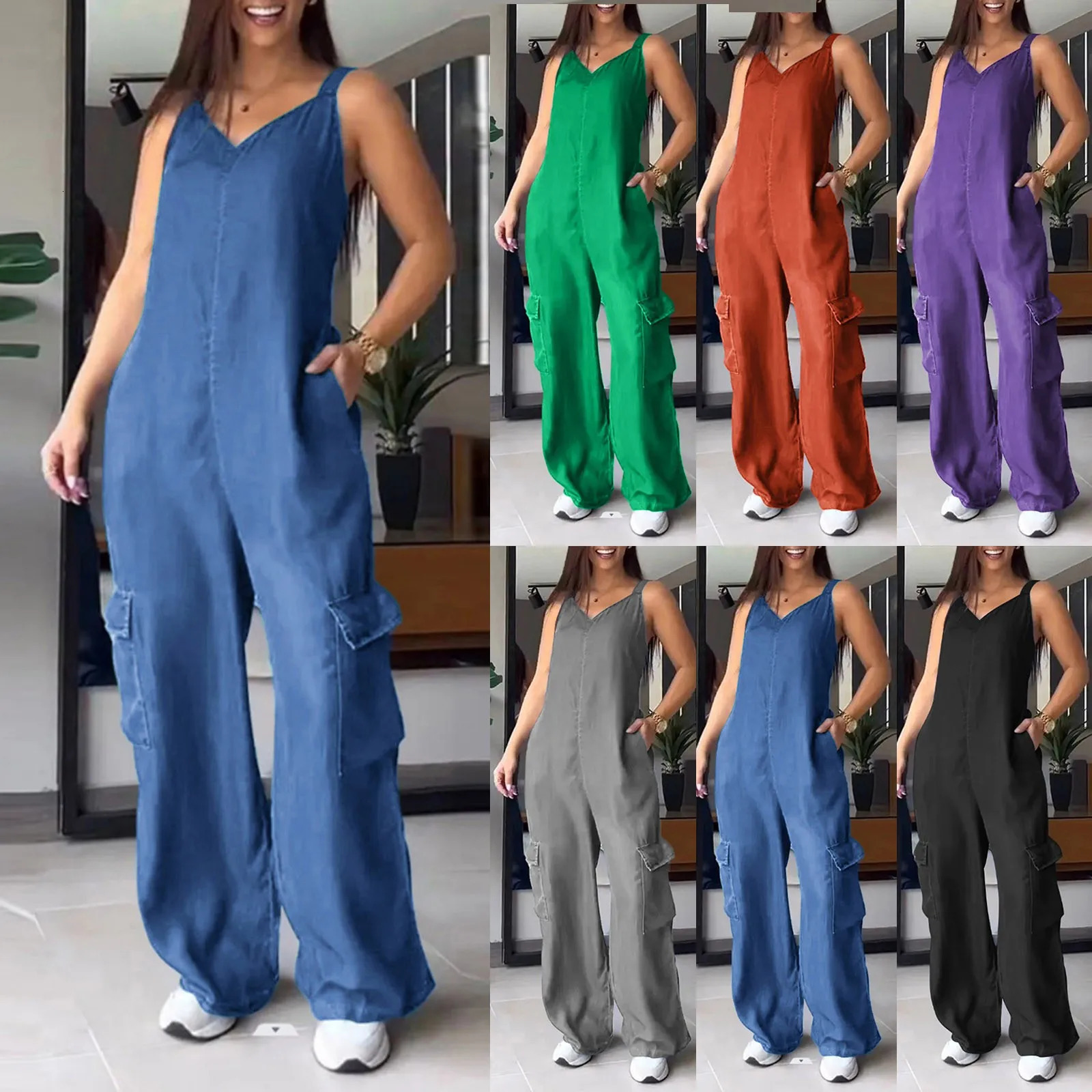 Women Casual Wide Leg Jumpsuits Loose Fit Sleeveless Jumpsuit With Pockets Fashion Sports Activity Streetwear Overalls 241120