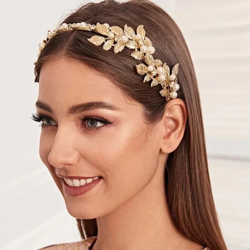 Vintage Crystal Pearl Headband Bride Tiara Headpiece Gold Color Leaf Hair Jewelry Bride Wedding Crowns Hair Accessories FORSEVEN 241202